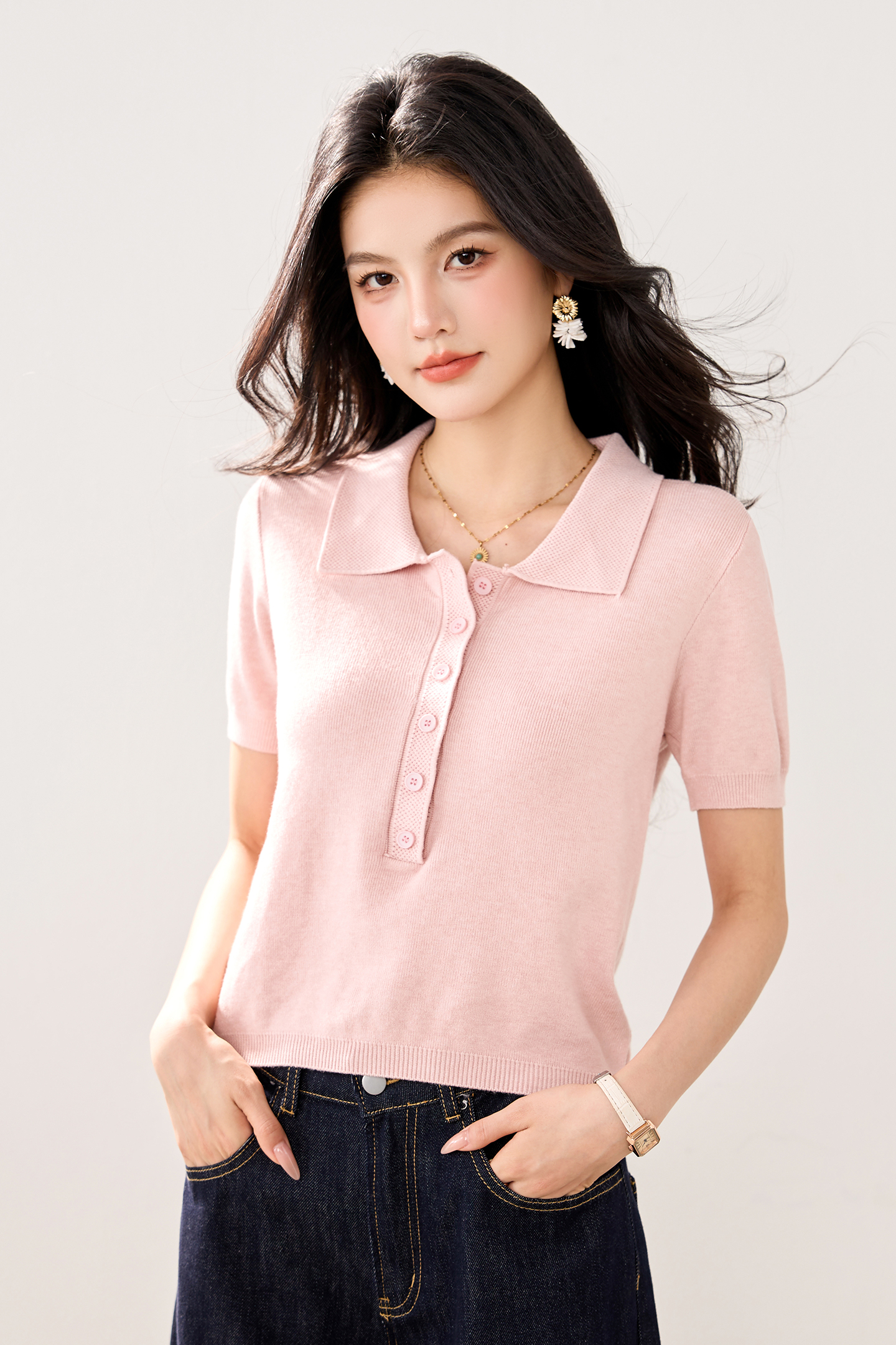 實拍新款純色polo領針織衫女短袖2026夏季新款修身收腰正肩上衣女