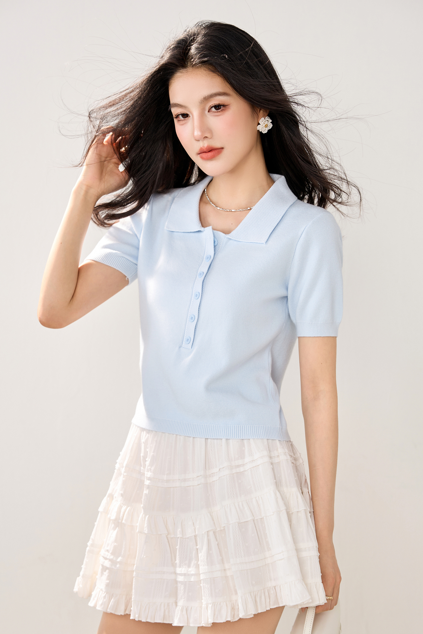 實拍新款純色polo領針織衫女短袖2026夏季新款修身收腰正肩上衣女