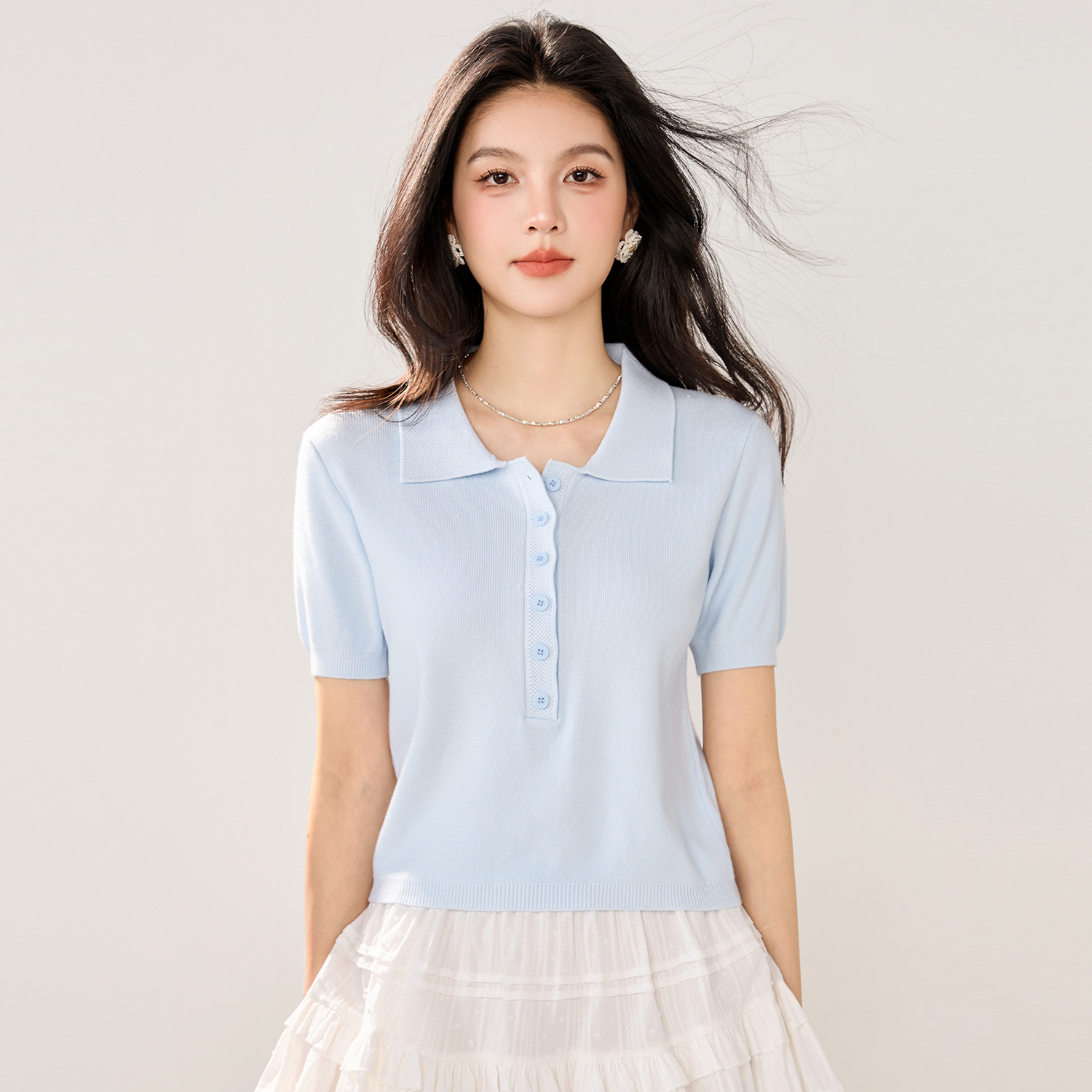 實拍新款純色polo領針織衫女短袖2026夏季新款修身收腰正肩上衣女