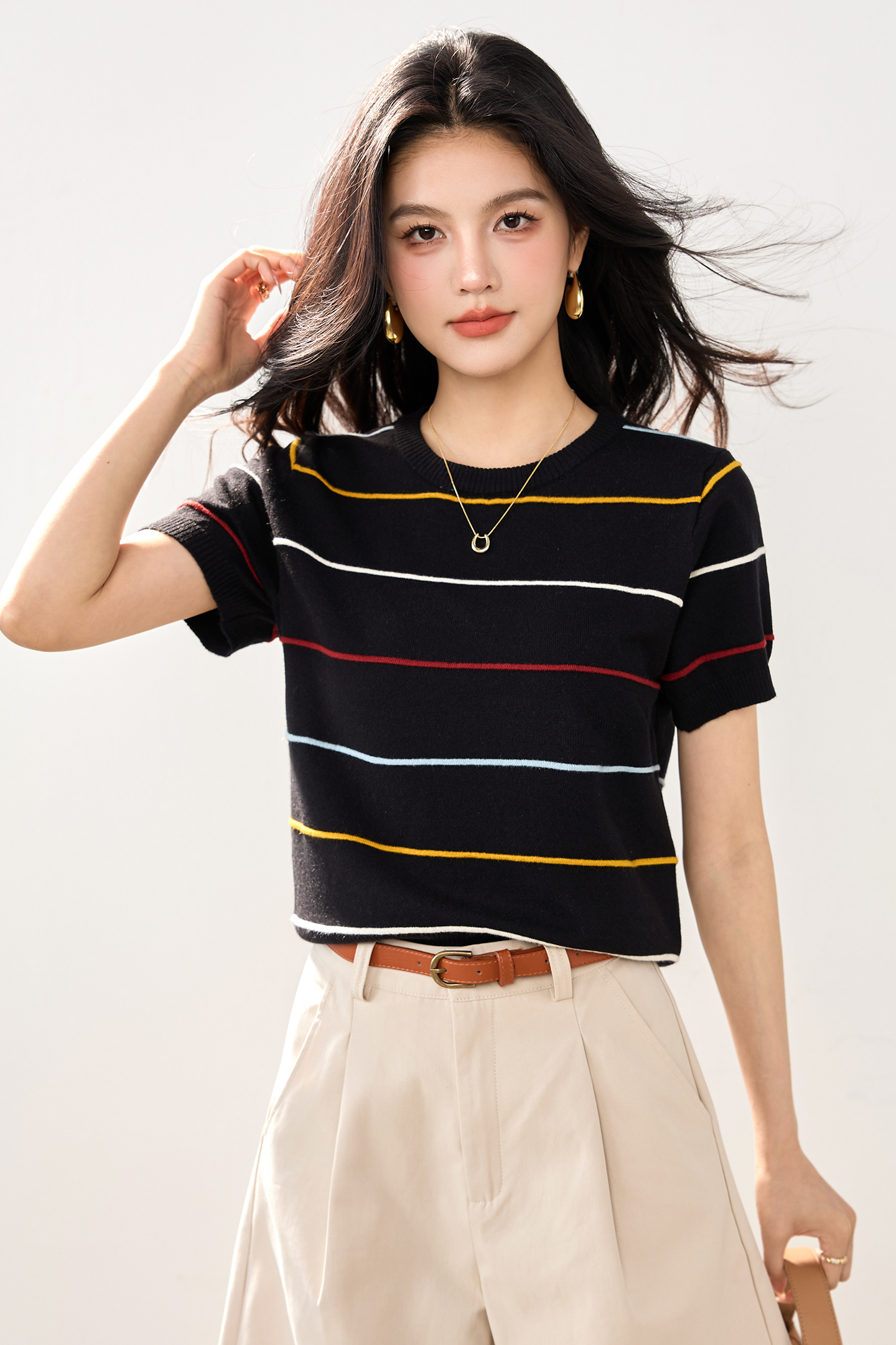 實拍2026春夏季新款短袖上衣女拼色條紋時尚薄款韓版短款針織衫女