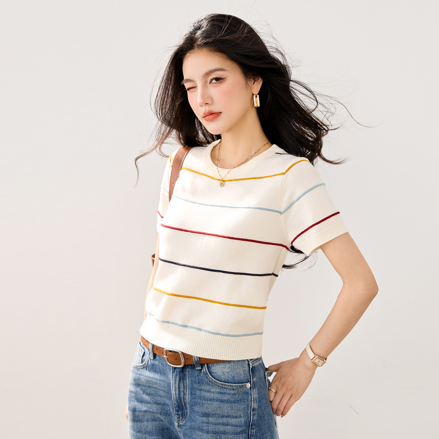實拍2026春夏季新款短袖上衣女拼色條紋時尚薄款韓版短款針織衫女