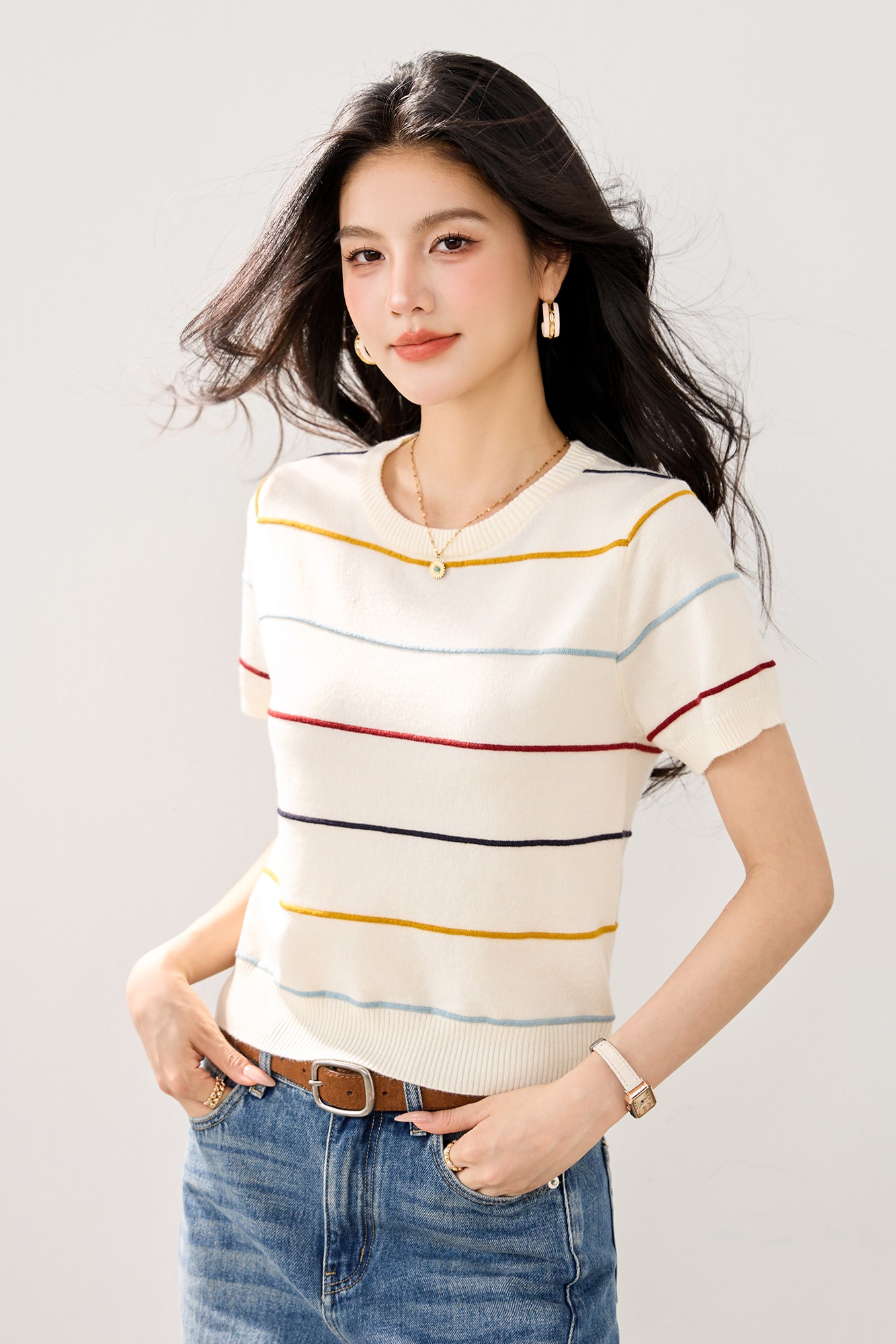 實拍2026春夏季新款短袖上衣女拼色條紋時尚薄款韓版短款針織衫女