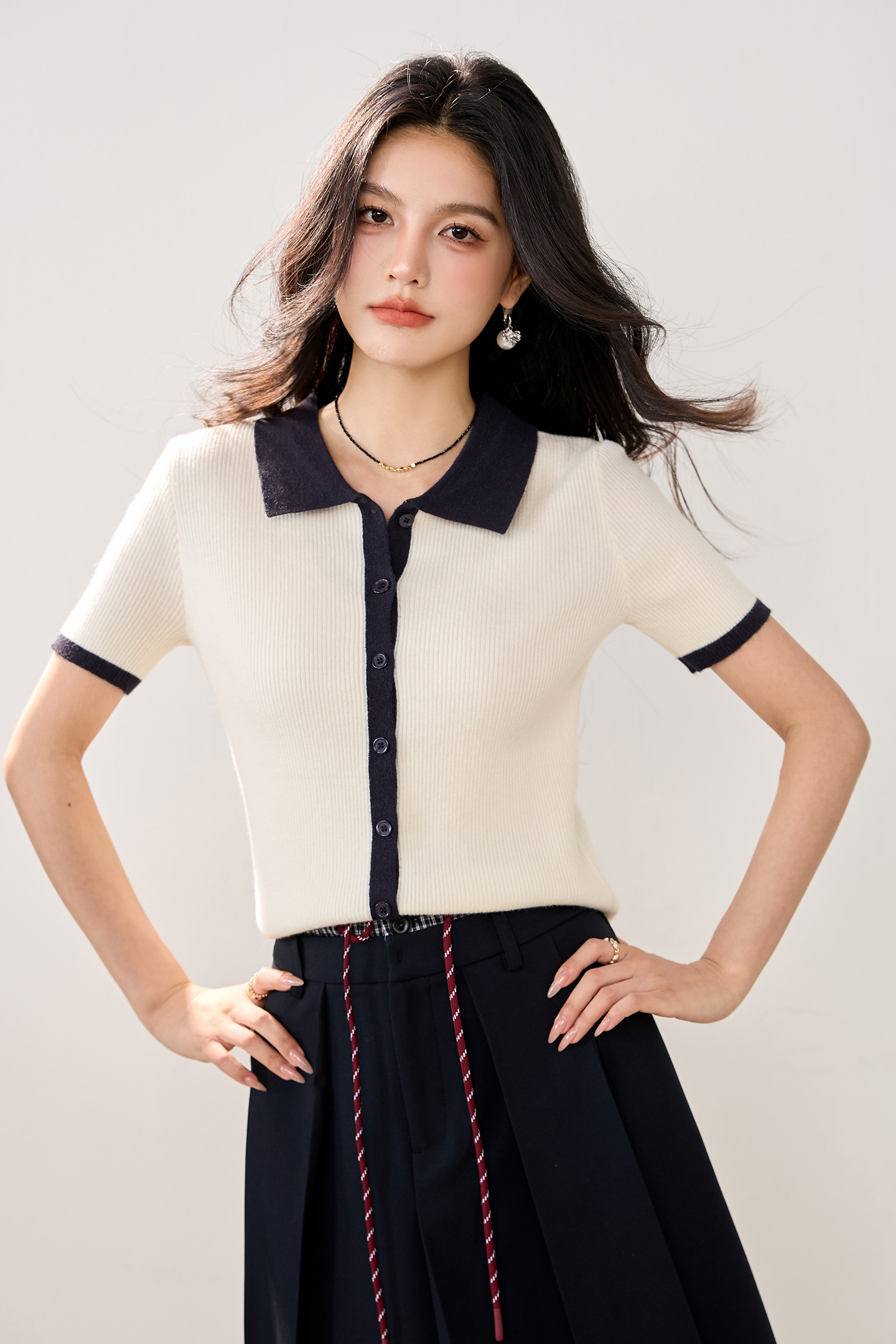 實拍新款春夏針織衫女小香風開衫短袖Polo領撞色短款小款小外套女