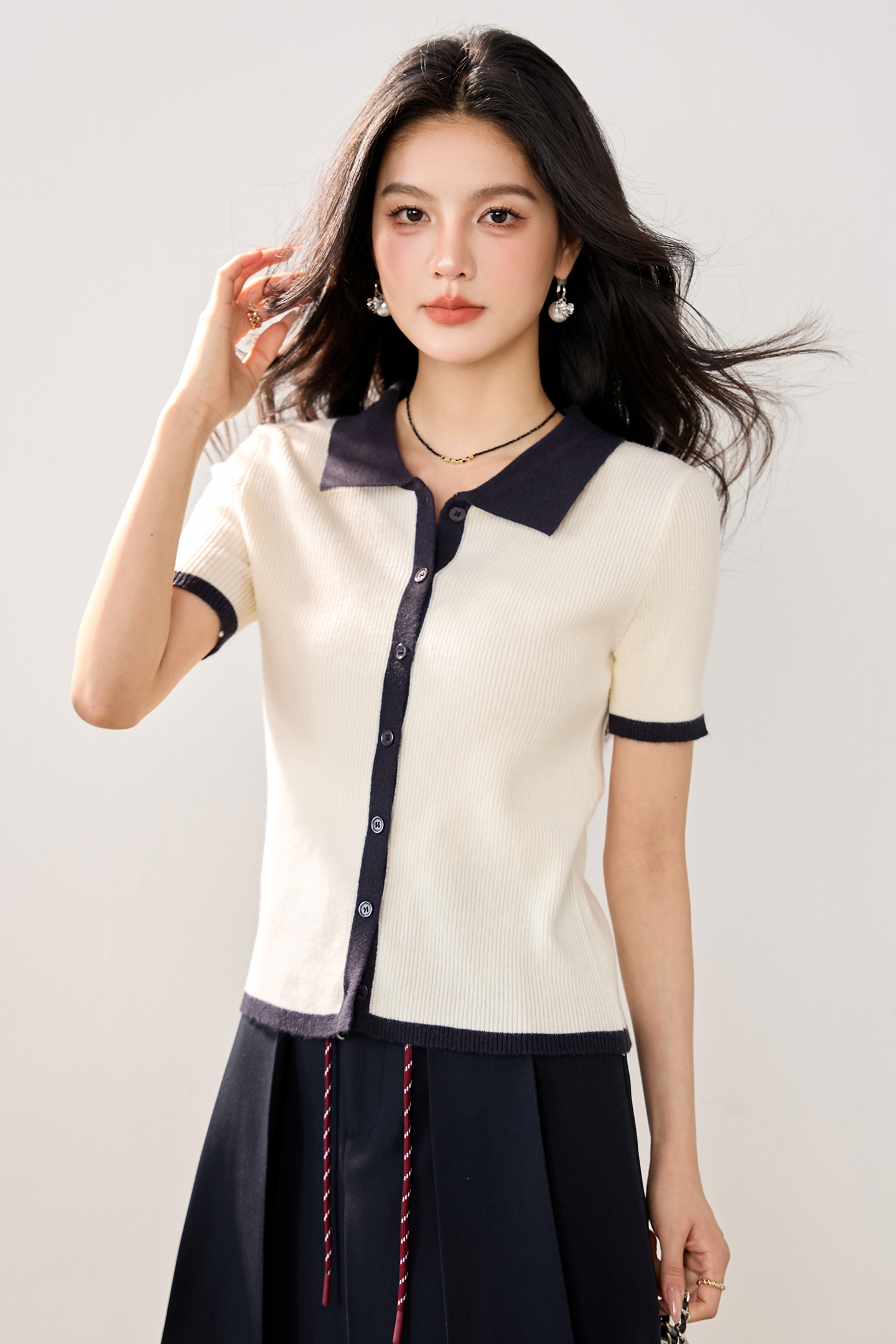 實拍新款春夏針織衫女小香風開衫短袖Polo領撞色短款小款小外套女