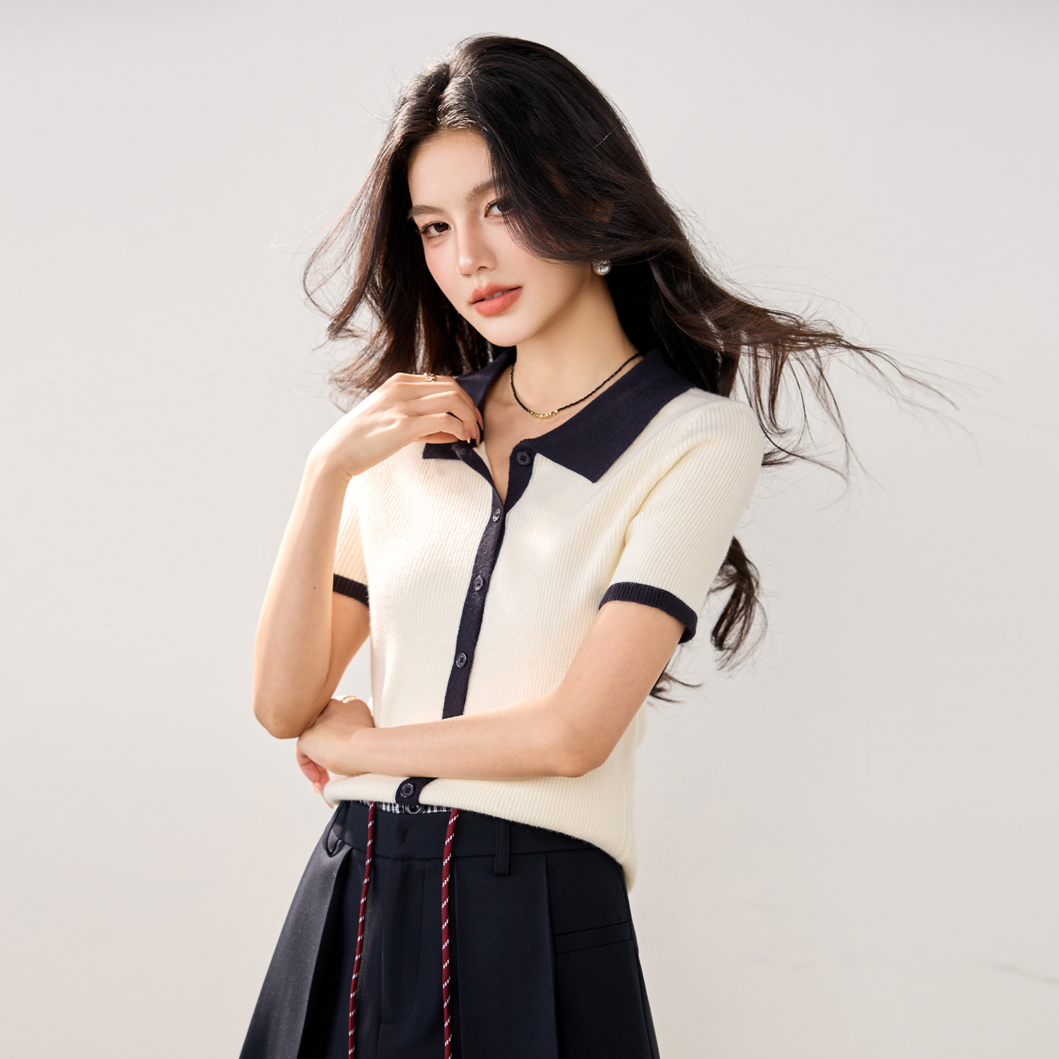 實拍新款春夏針織衫女小香風開衫短袖Polo領撞色短款小款小外套女