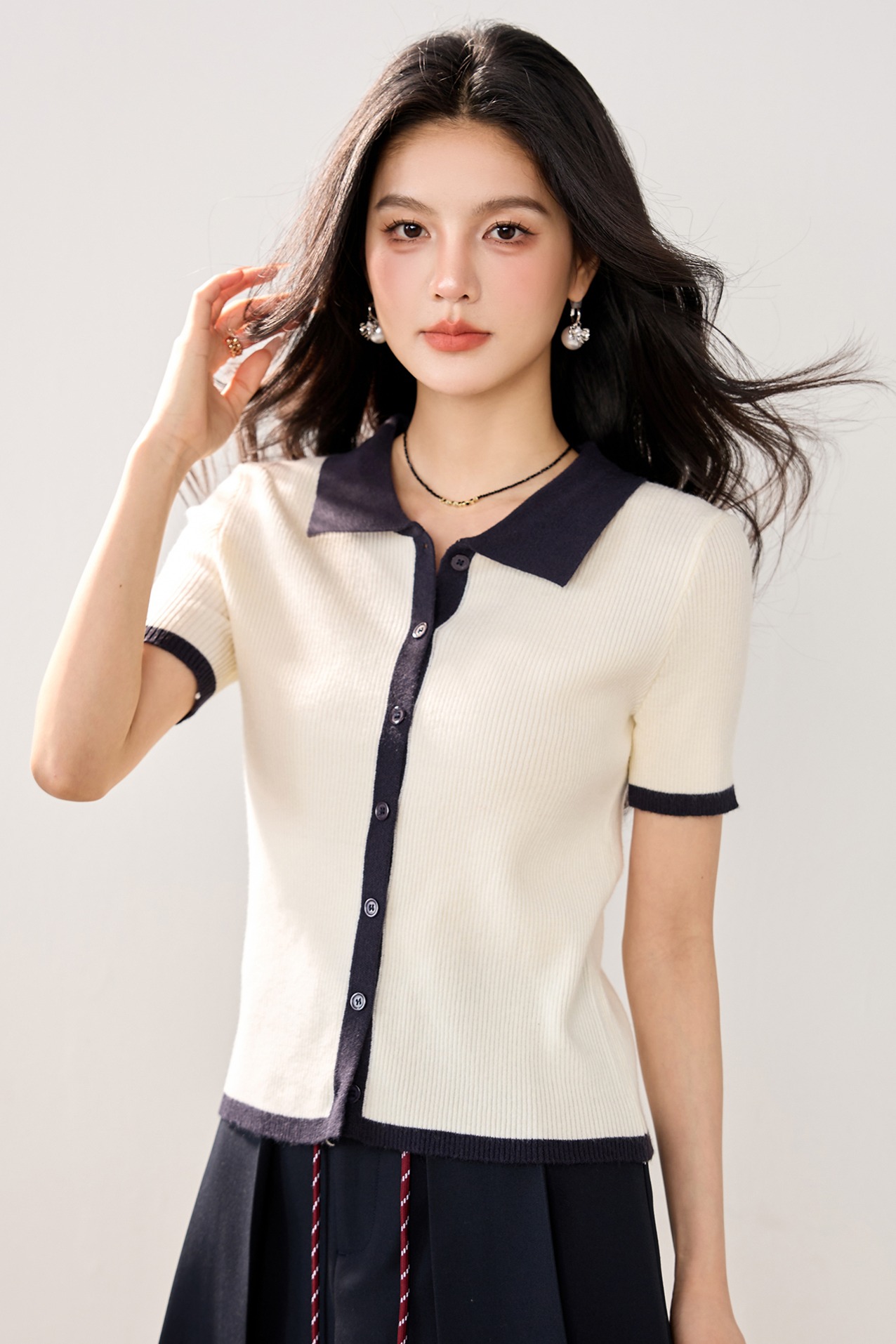 實拍新款春夏針織衫女小香風開衫短袖Polo領撞色短款小款小外套女