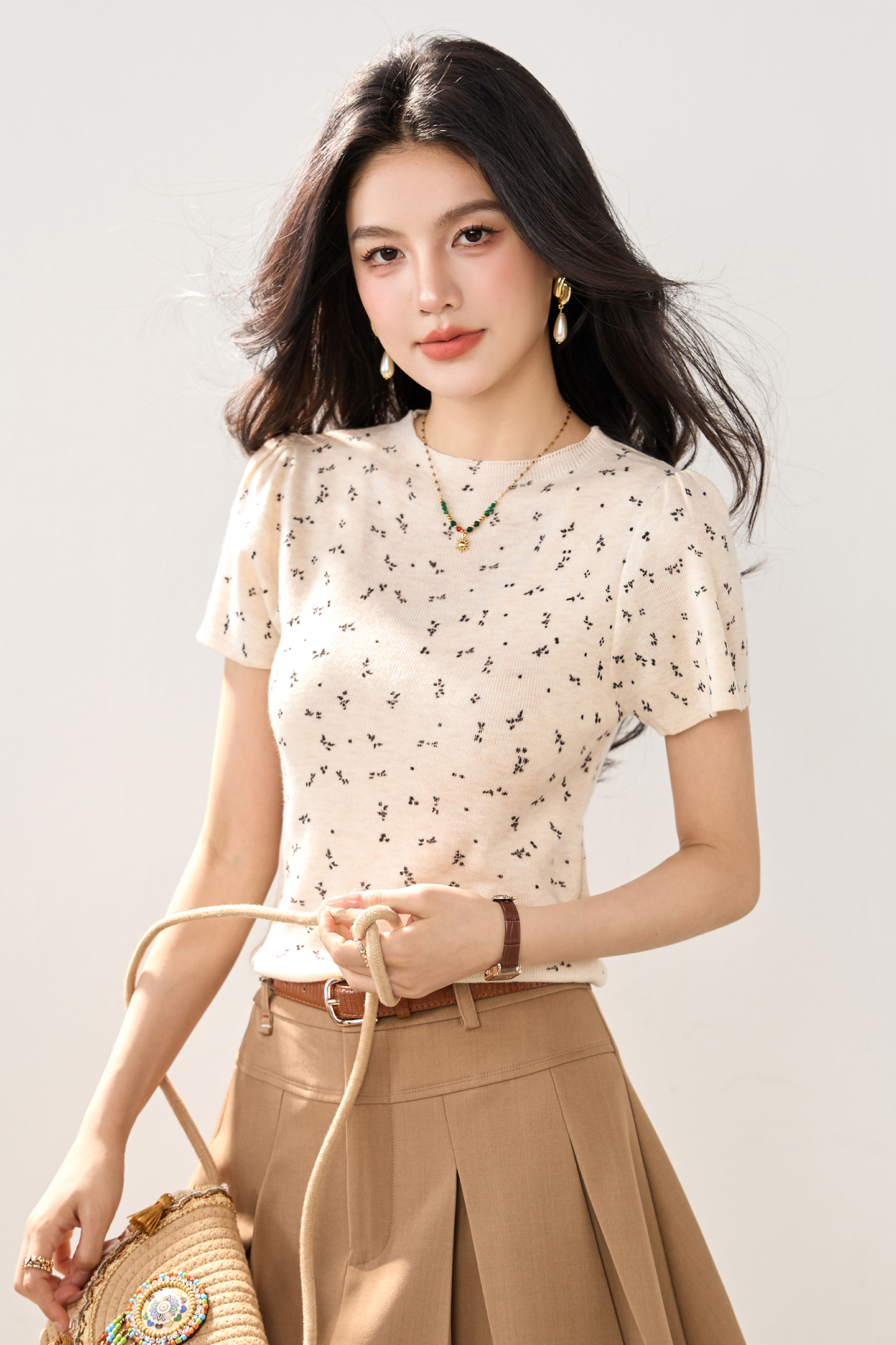 實拍新款春夏針織衫女圓領套頭小香風甜美短袖花邊印花短款體恤女