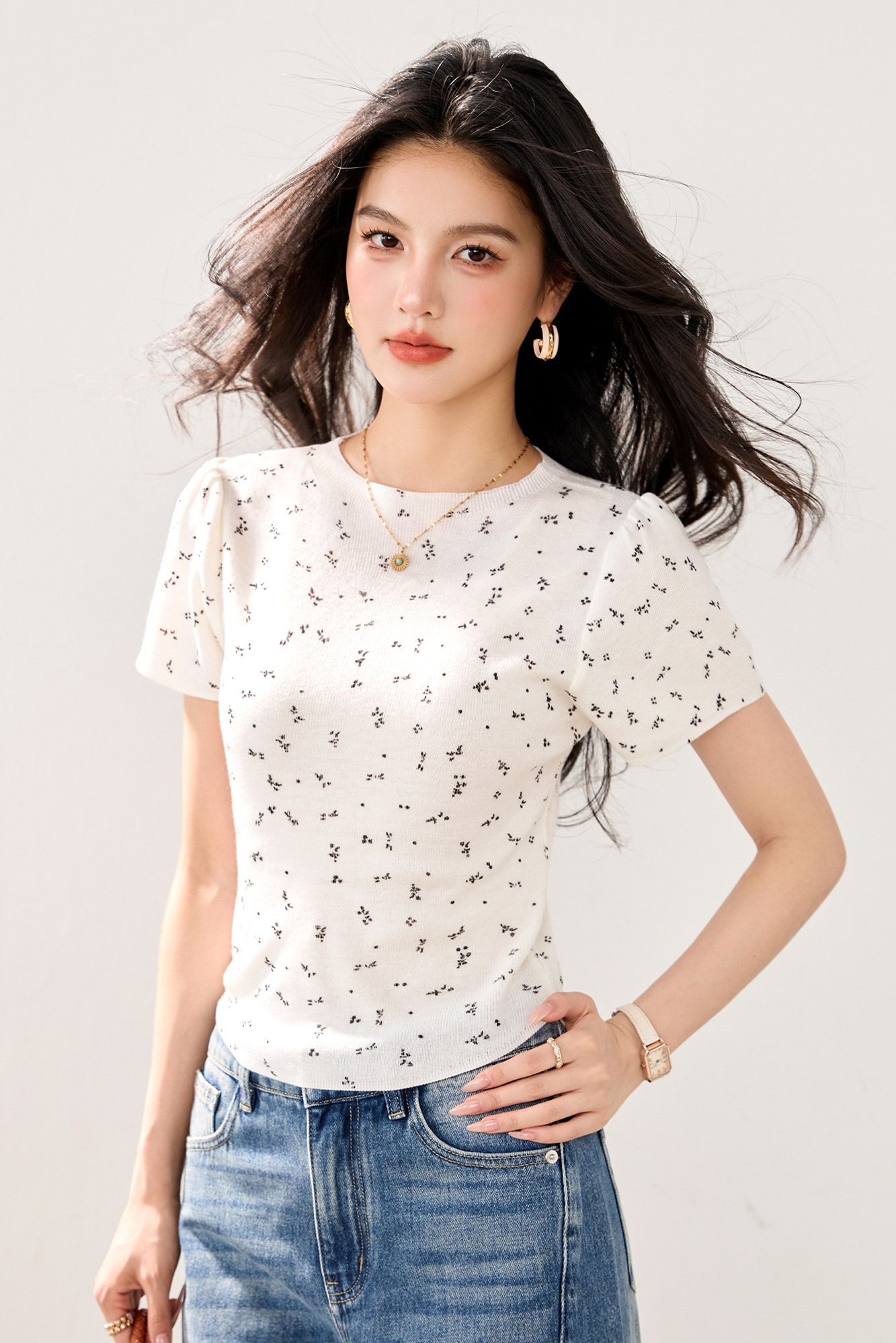實拍新款春夏針織衫女圓領套頭小香風甜美短袖花邊印花短款體恤女