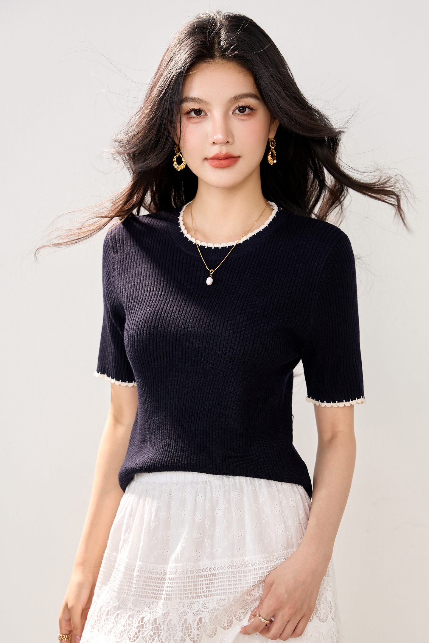 實拍新款春夏冰絲針織衫女短袖套頭撞色簡約法式短款針織T恤上衣