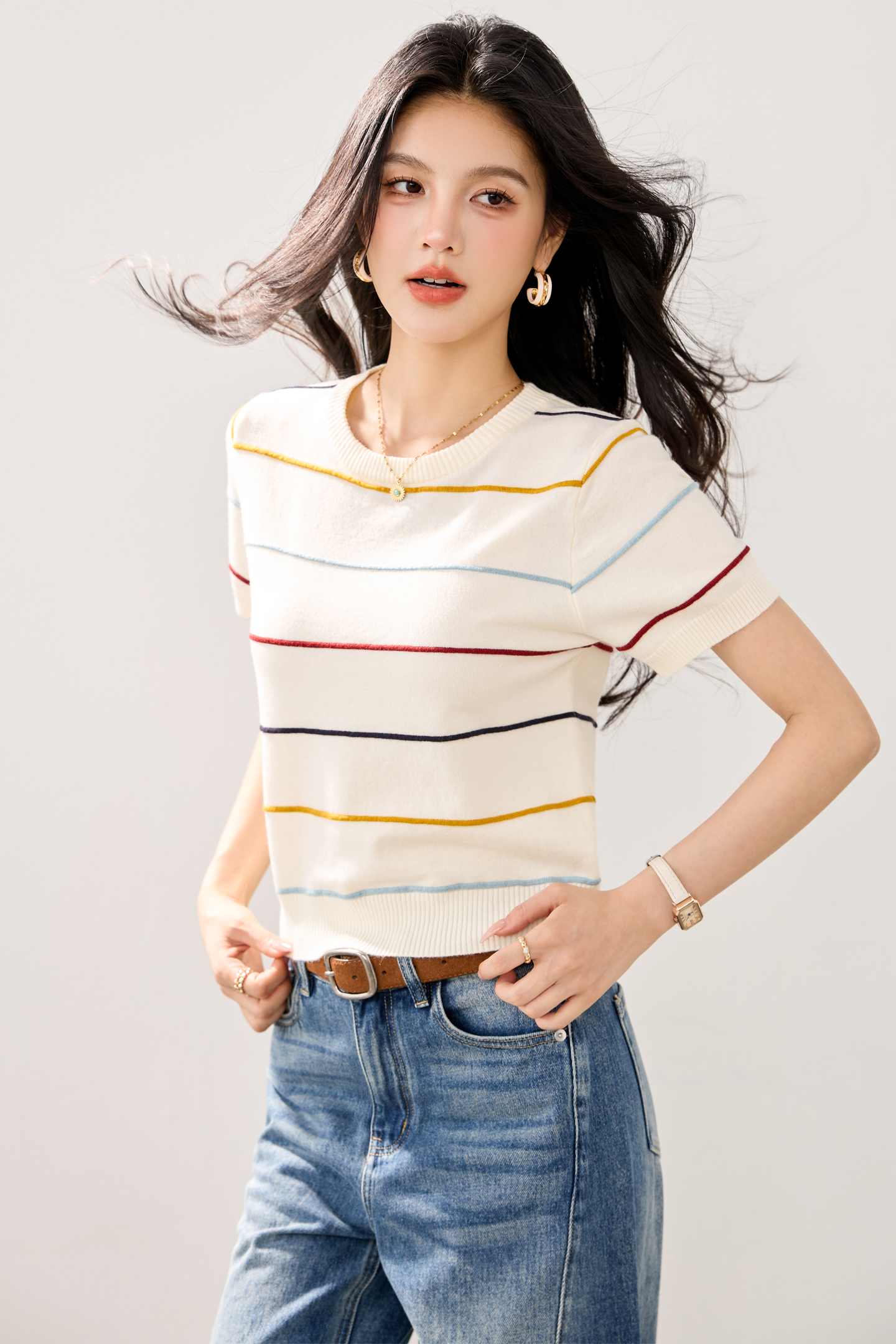 實拍2026春夏季新款短袖上衣女拼色條紋時尚薄款韓版短款針織衫女
