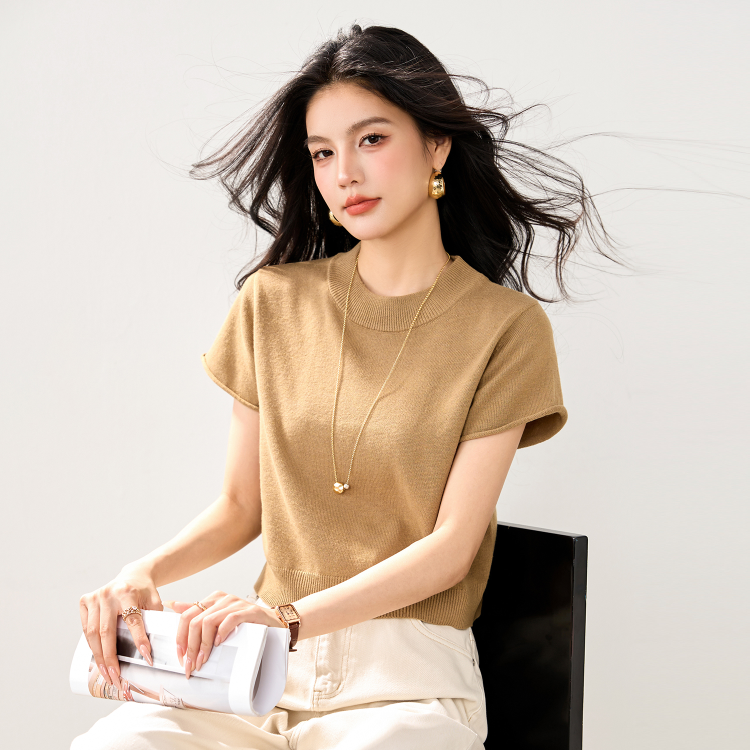 實拍春夏新款短袖冰絲針織衫女套頭圓領純色韓版短款小款薄款T恤