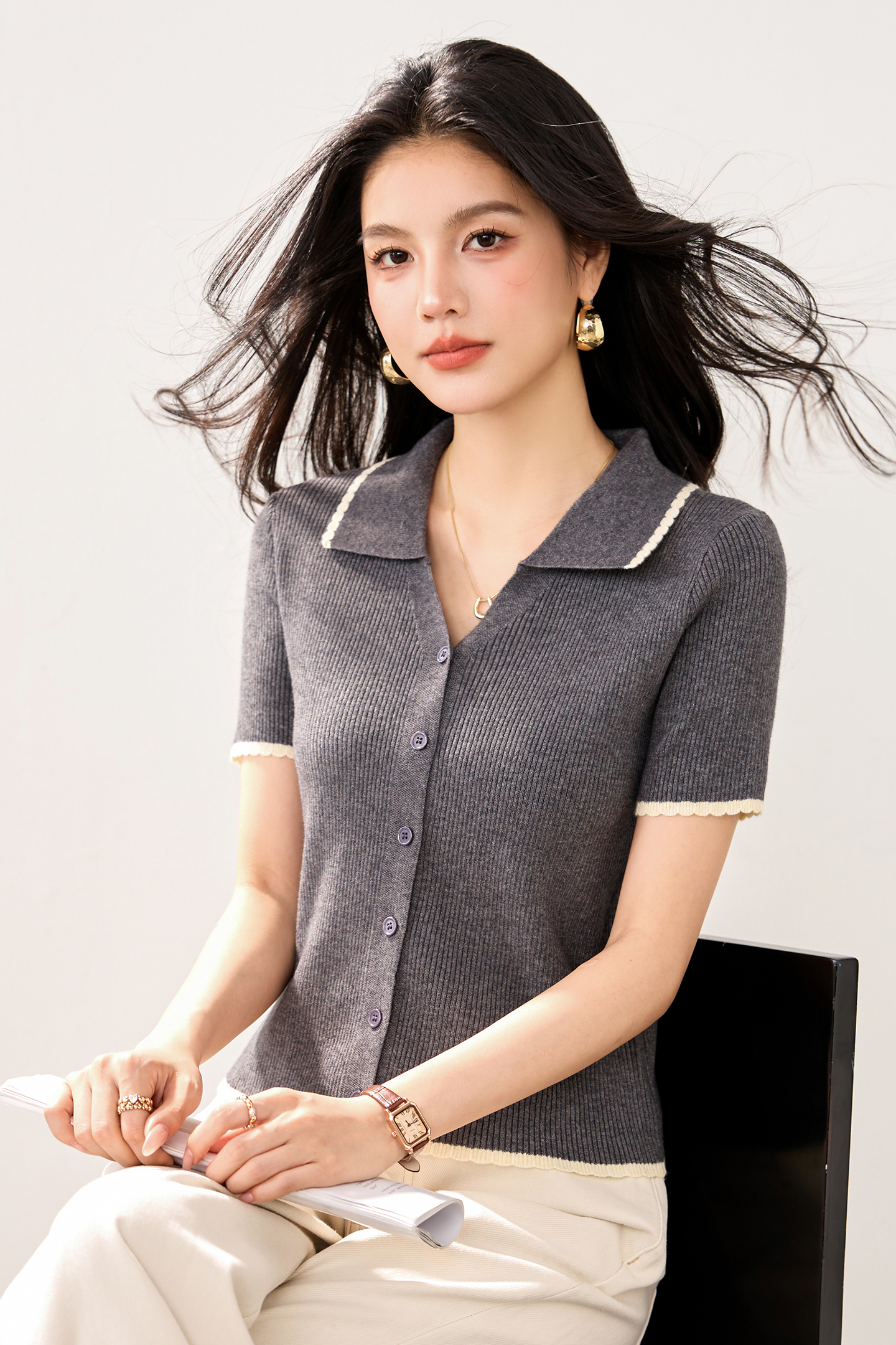 實拍新款春夏冰絲針織衫女短袖開衫Polo領撞色小香風短款小外套女