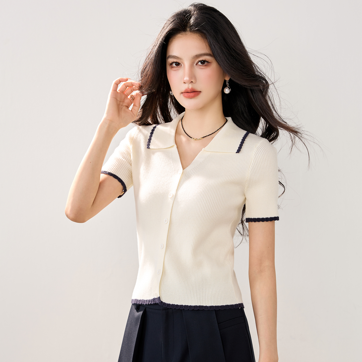 實拍新款春夏冰絲針織衫女短袖開衫Polo領撞色小香風短款小外套女