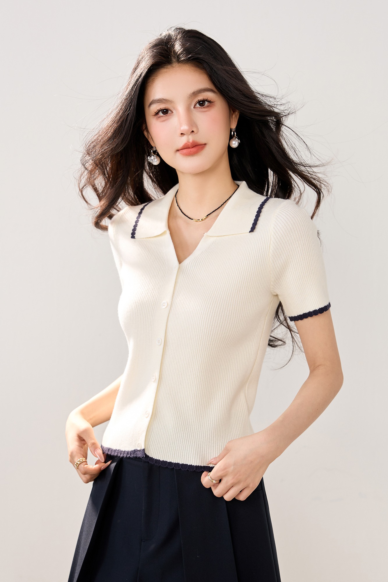 實拍新款春夏冰絲針織衫女短袖開衫Polo領撞色小香風短款小外套女