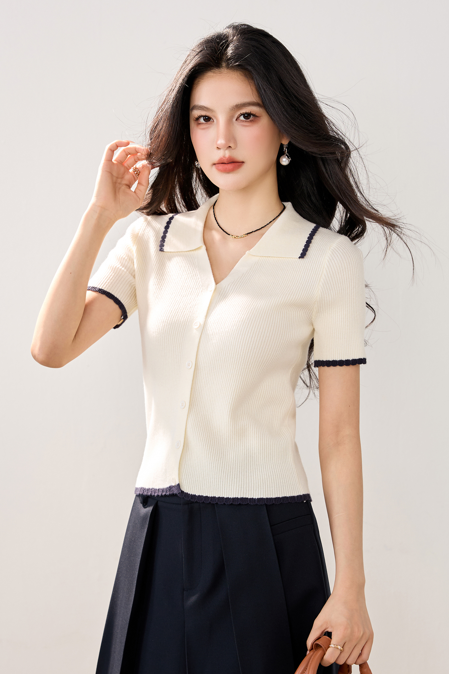 實拍新款春夏冰絲針織衫女開衫短袖撞色V領Polo領短款小外套T恤女