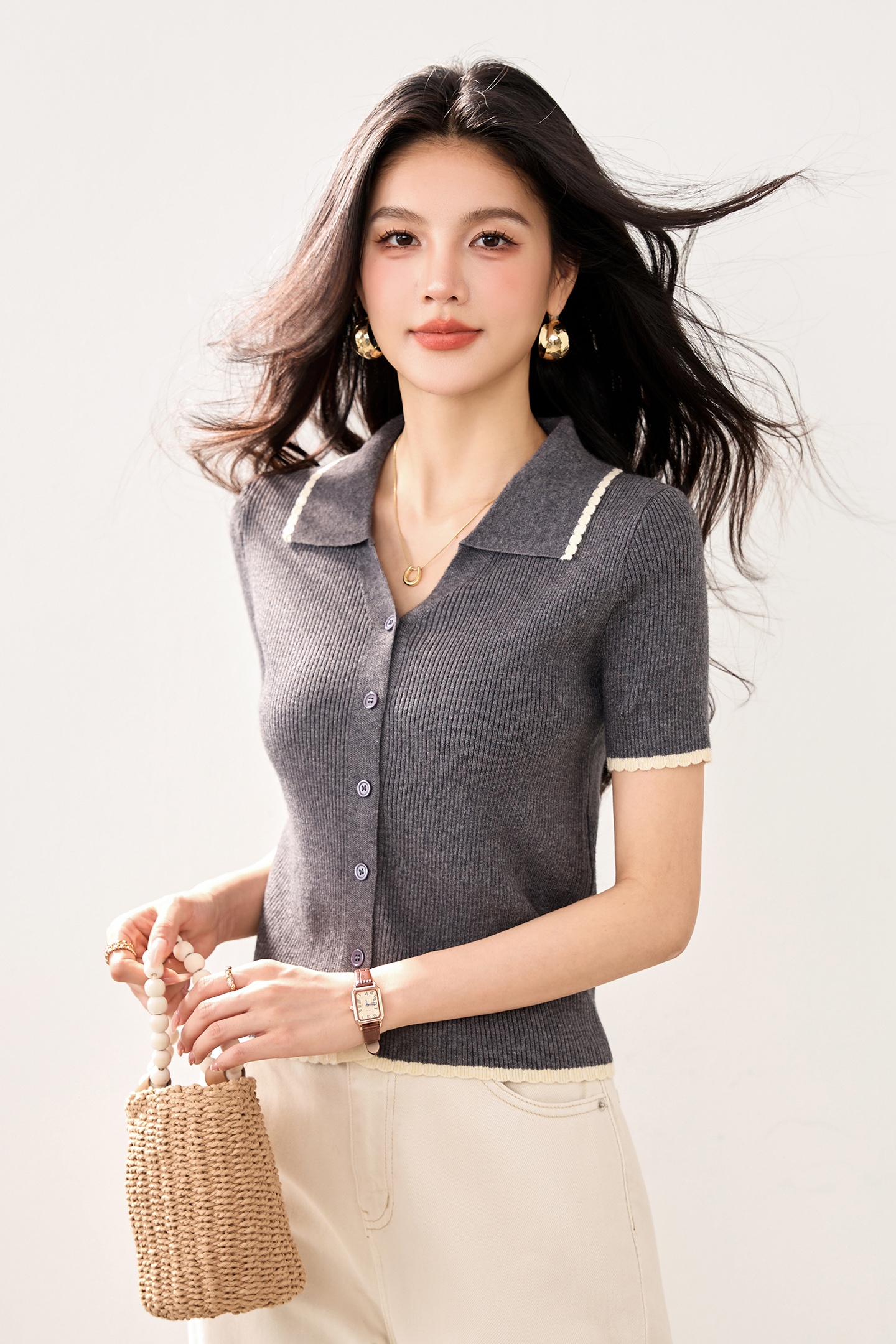 實拍新款春夏冰絲針織衫女開衫短袖撞色V領Polo領短款小外套T恤女