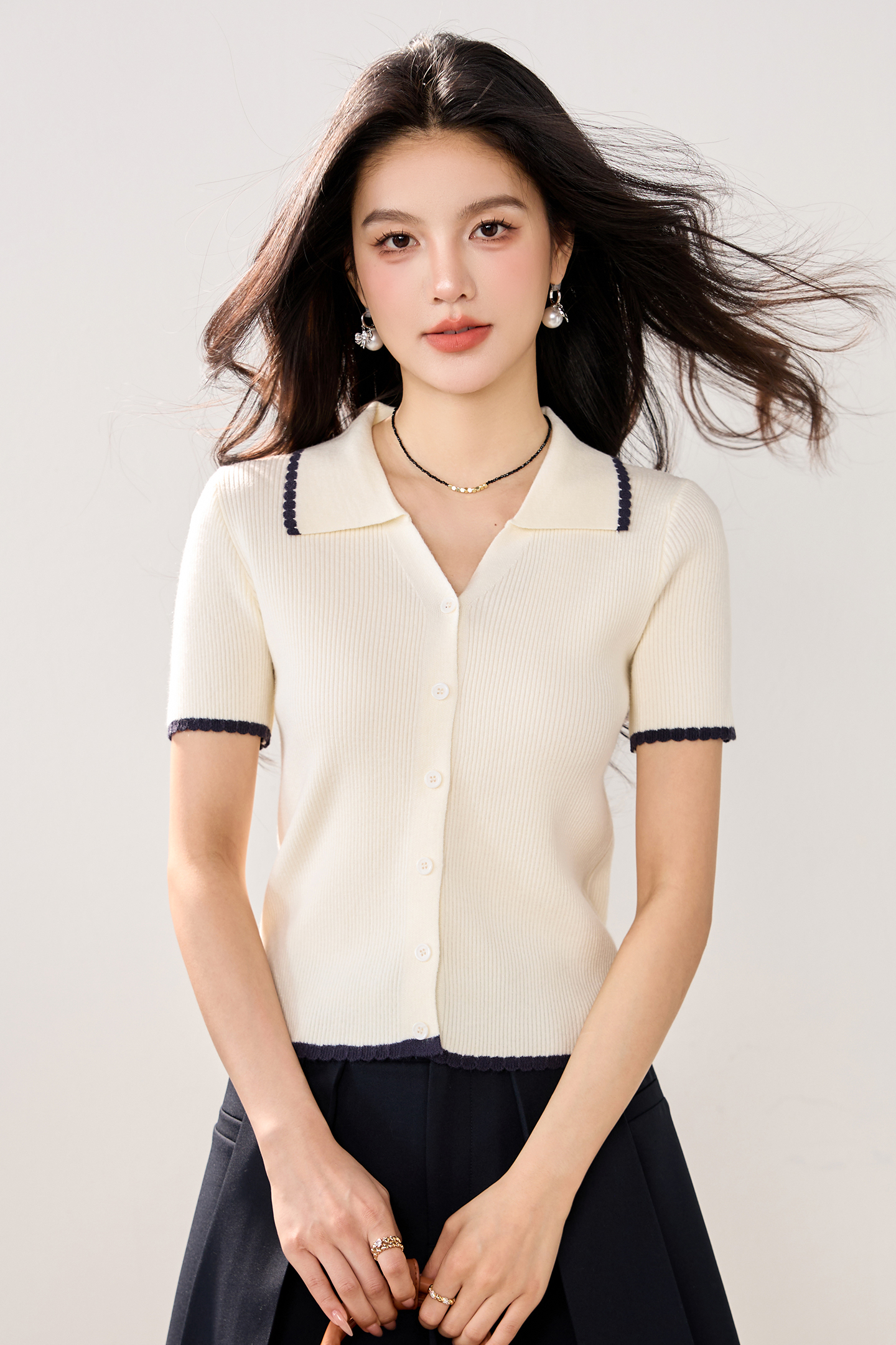 實拍新款春夏冰絲針織衫女開衫短袖撞色V領Polo領短款小外套T恤女
