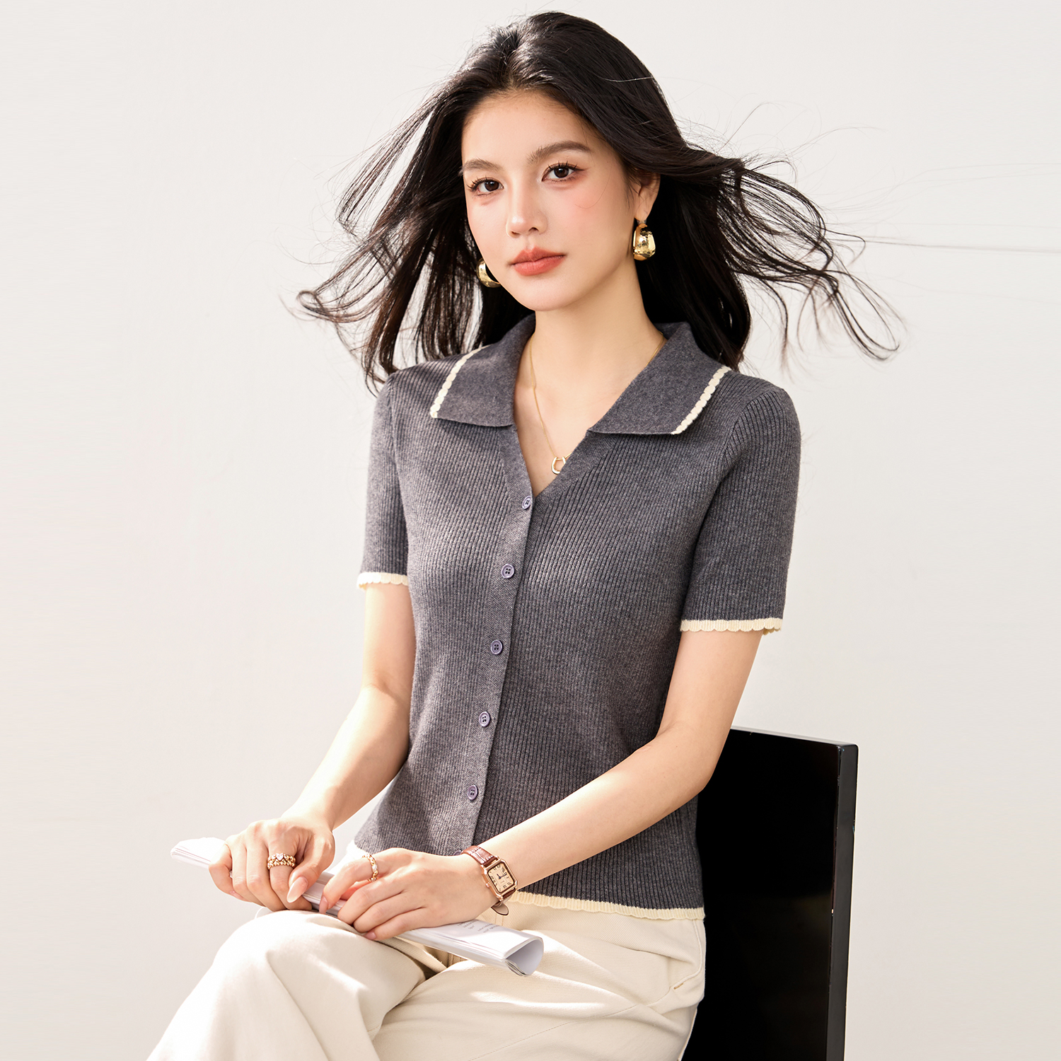 實拍新款春夏冰絲針織衫女開衫短袖撞色V領Polo領短款小外套T恤女