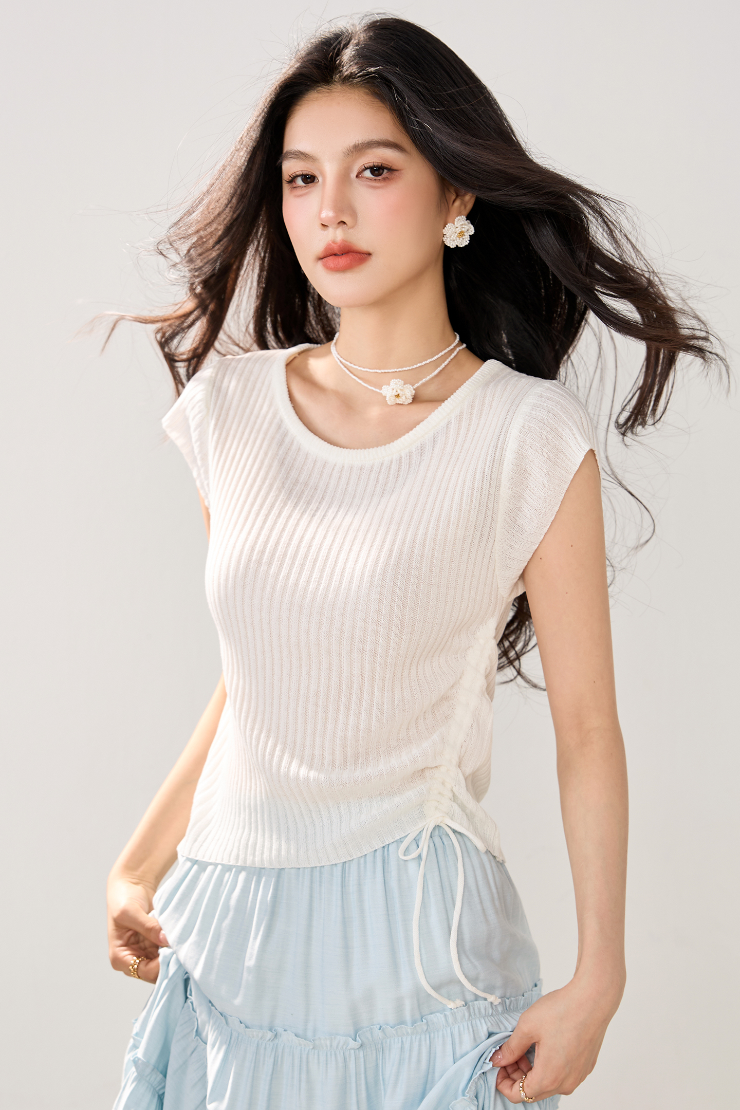 實拍新款夏天薄款冰絲針織衫女圓領純色系帶不規則韓版短款T恤女