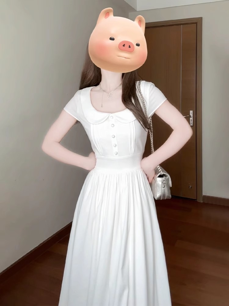 MY11646# 法式初恋清纯白色连衣裙新款夏季小个子气质绝美收腰长裙方领...