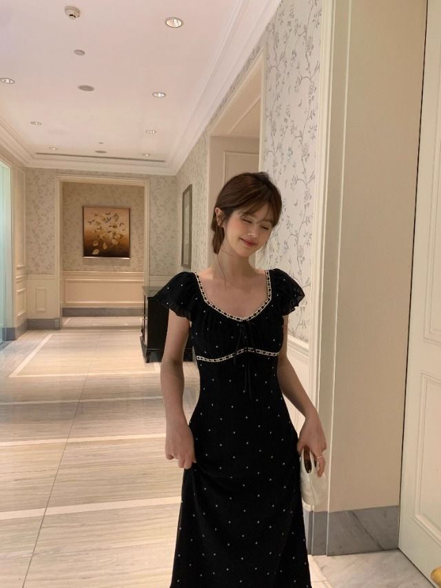 MY11652# 黑色波点法式方领连衣裙女夏新款韩版小个子中长款修身收腰显...