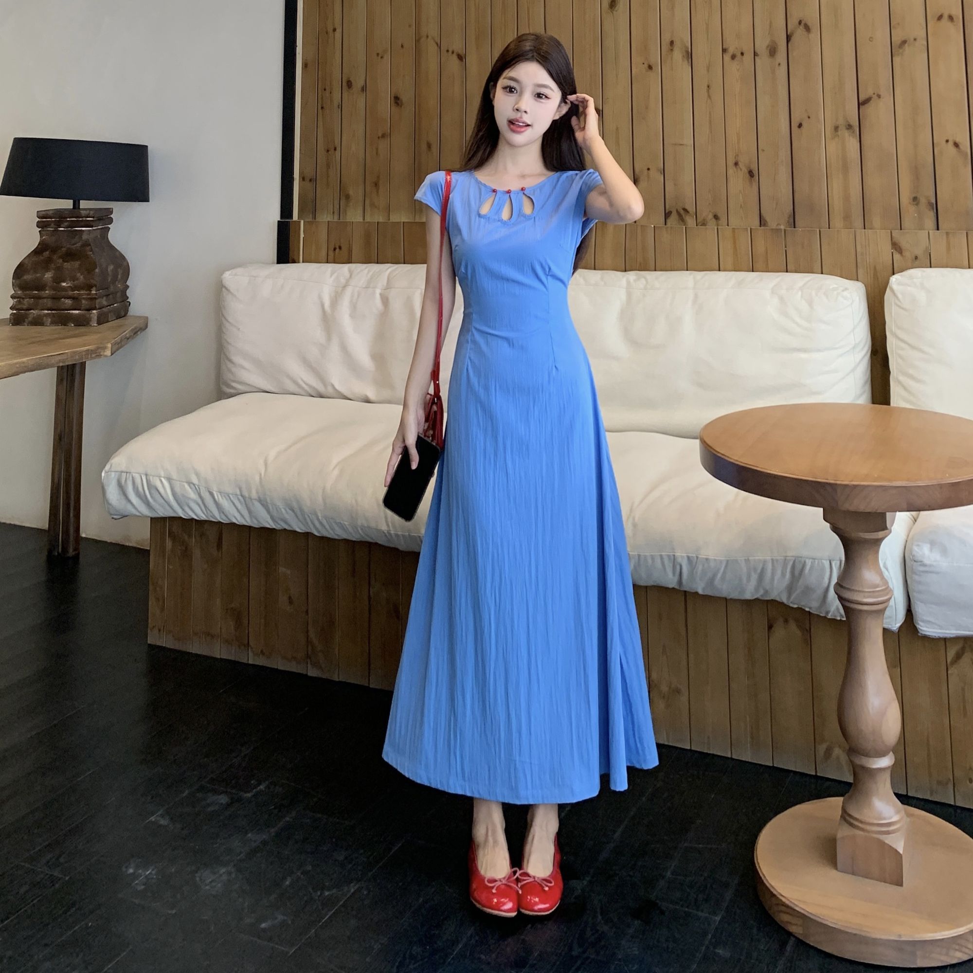 MY11651# 大码法式短袖连衣裙女夏季设计感镂空新款裙子胖MM遮肚显瘦...