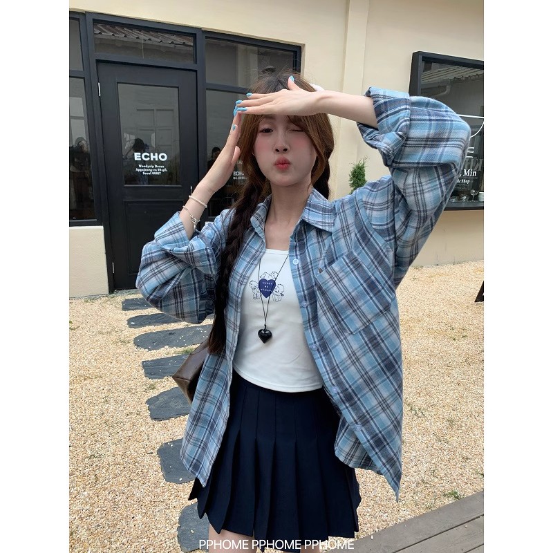 MY11648# 复古藏青色格子衬衫秋季设计感宽松百搭休闲格纹衬衣外套ins女裝貨源服裝批發