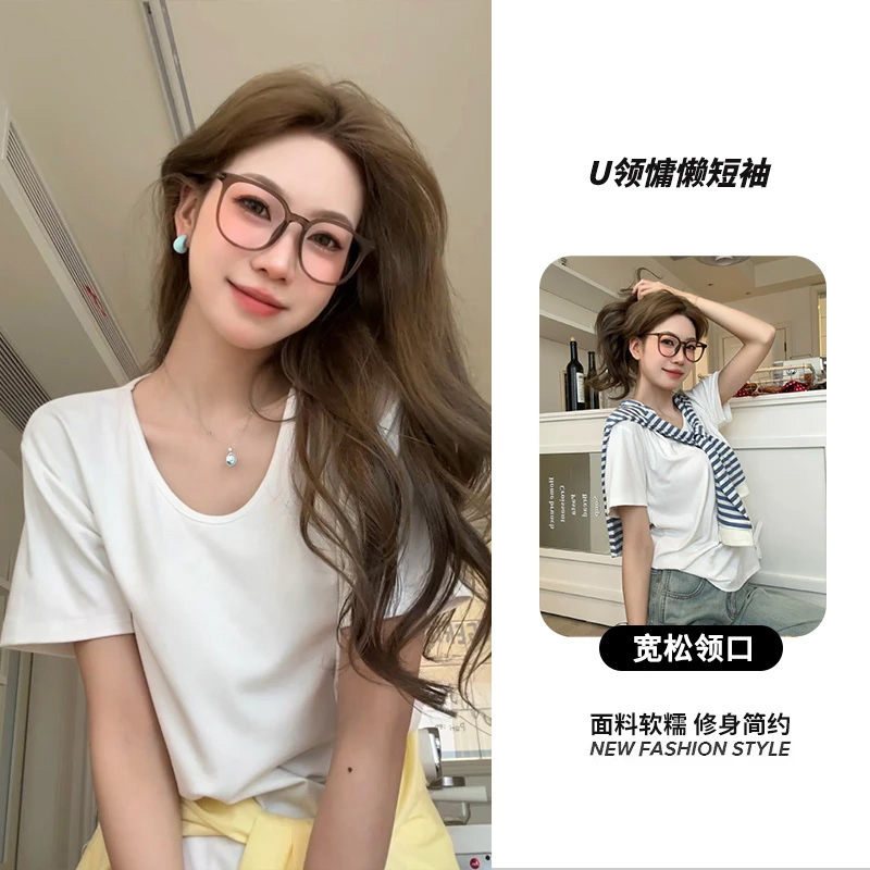 RY3363#  U领大领口正肩T恤女短袖白色宽松上衣春夏季