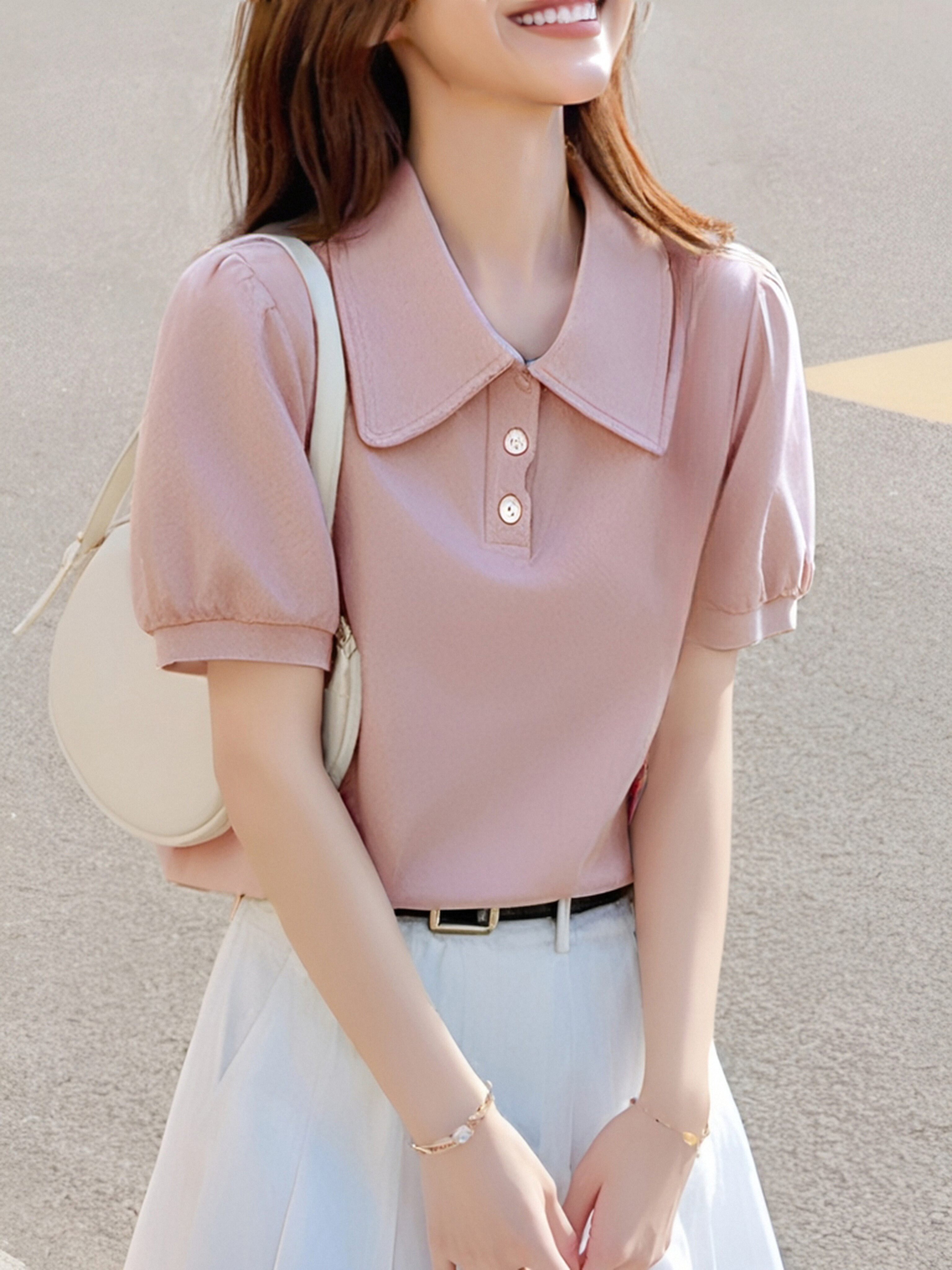 RY3361# 温柔风短袖T恤女上衣夏装大翻领泡泡袖设计感甜美减龄气质polo衫