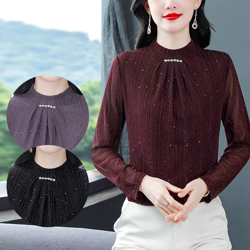 MY13231# 半高领长袖网纱打底衫新款百搭显瘦T恤洋气闪亮上衣女裝貨源服裝批發