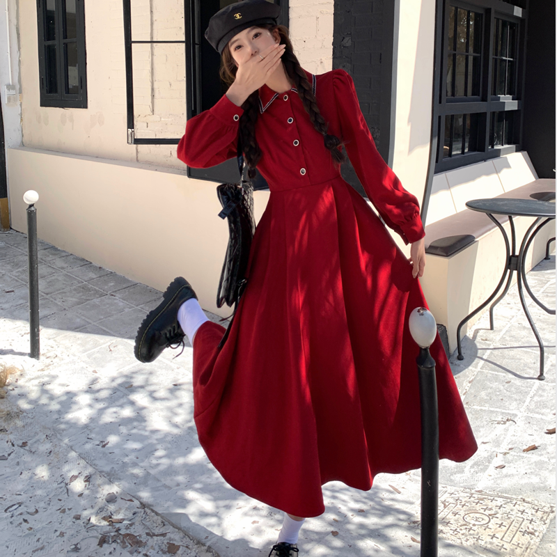 MY13928# 气质高级感红色连衣裙女新款法式赫本风女神范衬衫长裙女裝貨源服裝批發