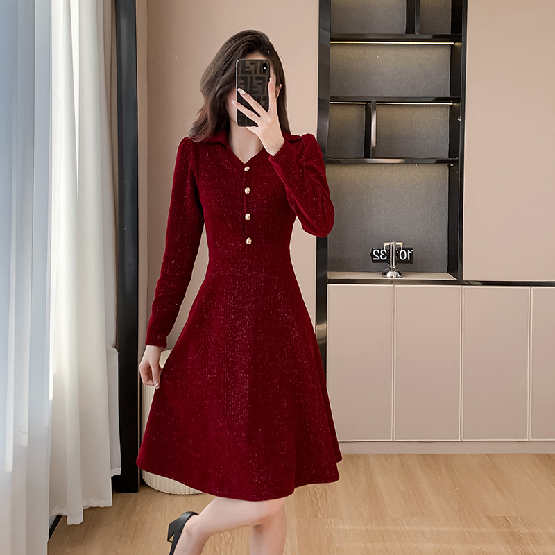 MY13916# 法式时尚名媛甜美气质长袖亮丝雪尼尔连衣裙酒红色洋气少女晚礼服女裝貨源服裝批發