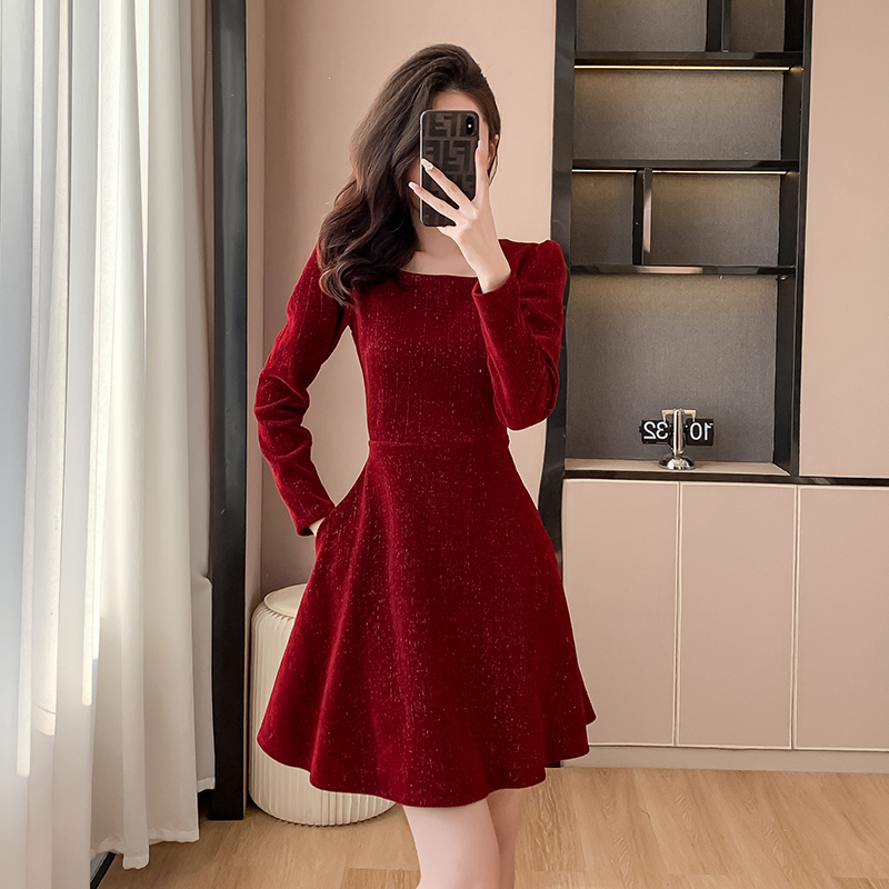 MY13915# 口袋法式时尚甜美气质长袖亮丝雪尼尔连衣裙酒红色洋气少女晚礼服女裝貨源服裝批發