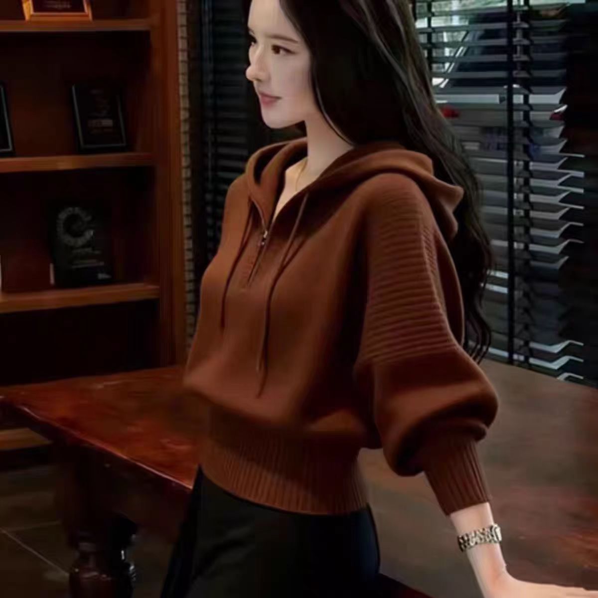 MY15528# 韩系氛围感穿搭连帽毛衣女慵懒宽松收腰显瘦内搭打底针织衫女...