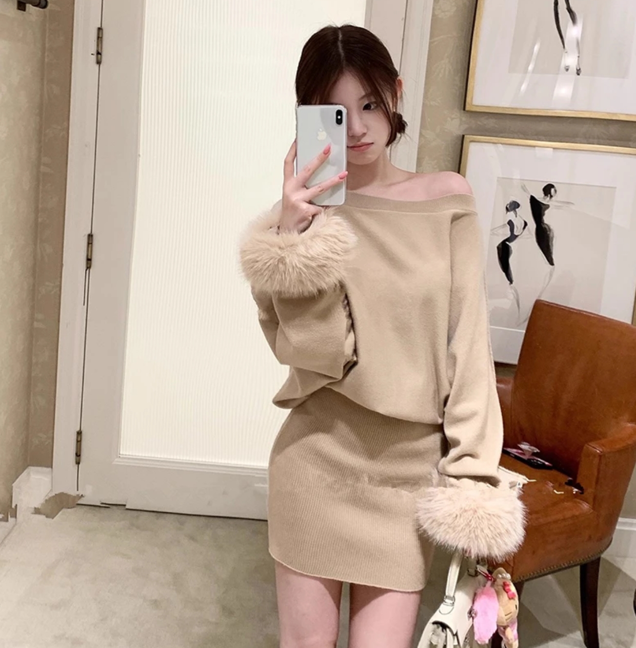 MY15519# 新款一字肩白色针织连衣裙子女秋冬御姐辣妹内搭毛衣包臀短裙...