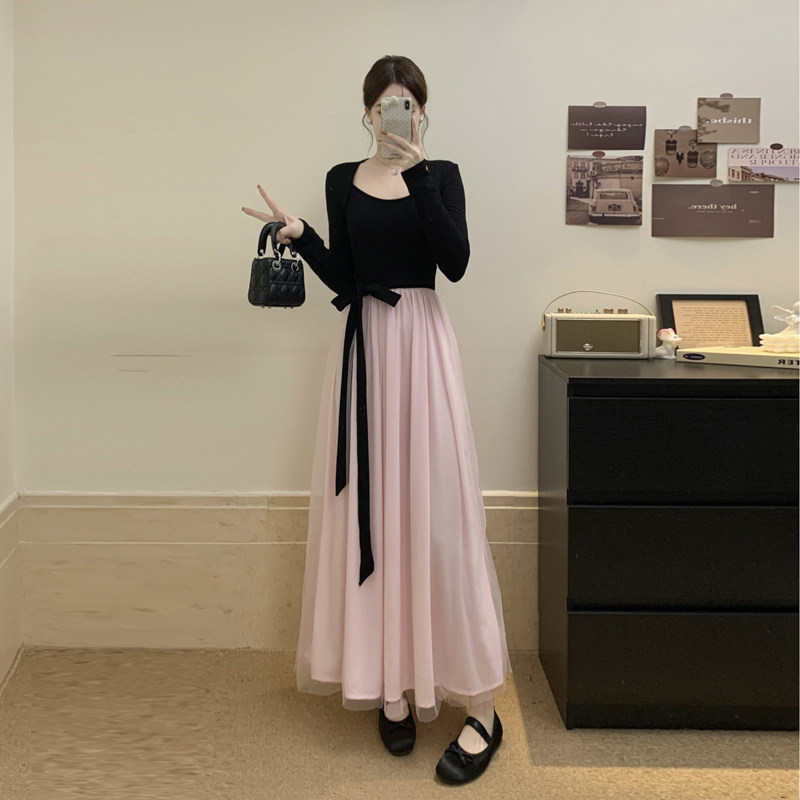 MY17150# 人棉磨毛+超密涤网+内里一高级感黑色连衣裙富家千金感长裙...