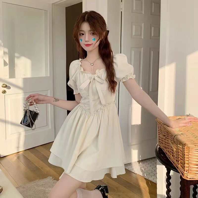 RY4190# 甜美超仙小个子2026双层蓬蓬短裙女夏纯色木耳边泡泡袖收腰...
