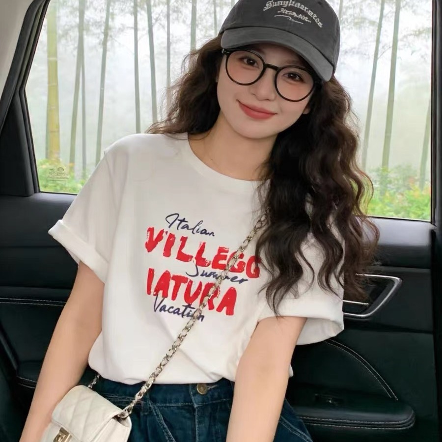 RY4187# 2026夏季新款 韩版220克纯棉印花短袖T恤女