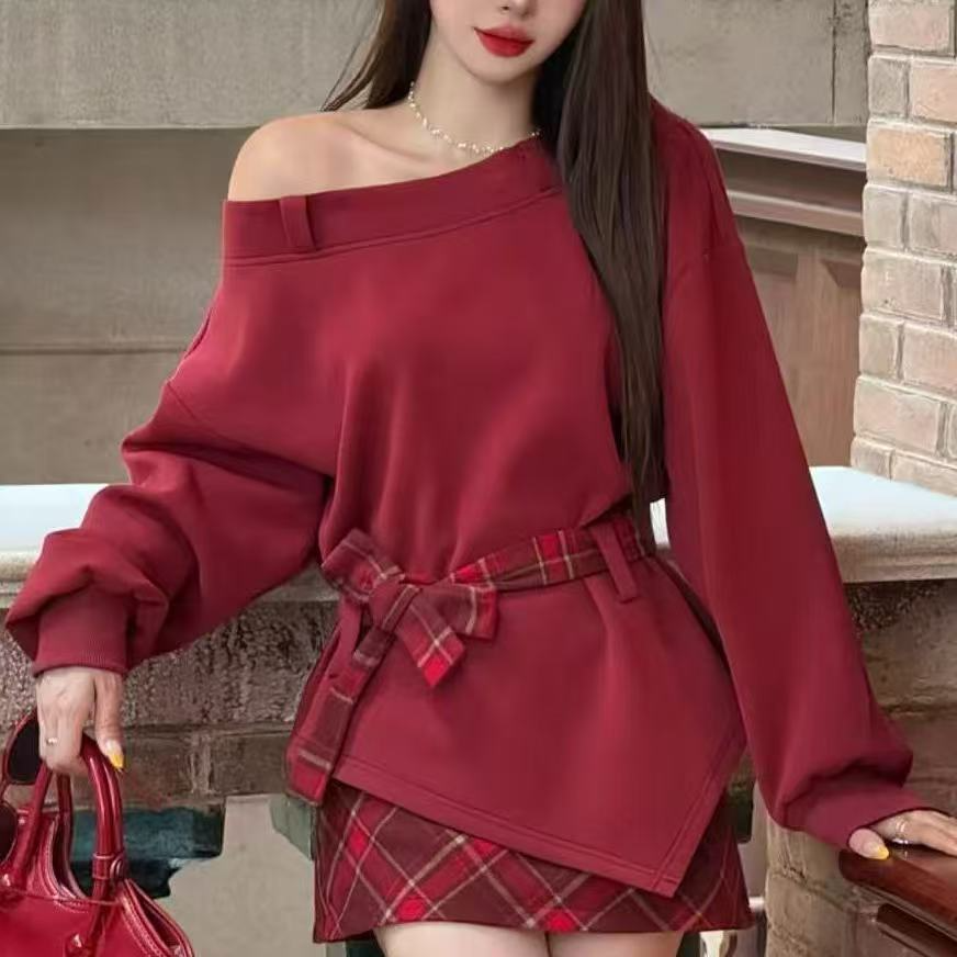 MY15821# 新款长袖露肩不规则上衣套装两件套短裙格纹斜肩连衣裙女裝貨...