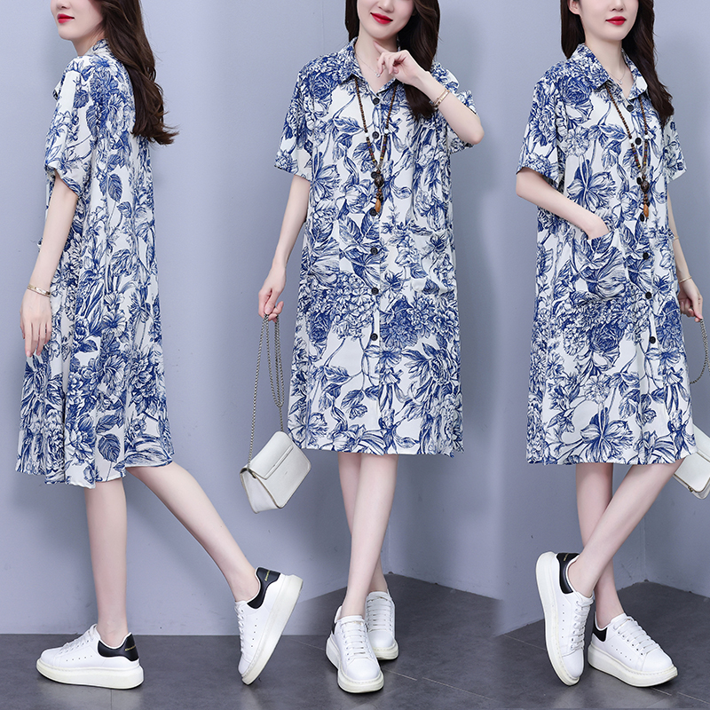 MY17189# 休闲宽松型大码女装连衣裙印花衬衣中长款连衣裙女裝貨源服裝批發