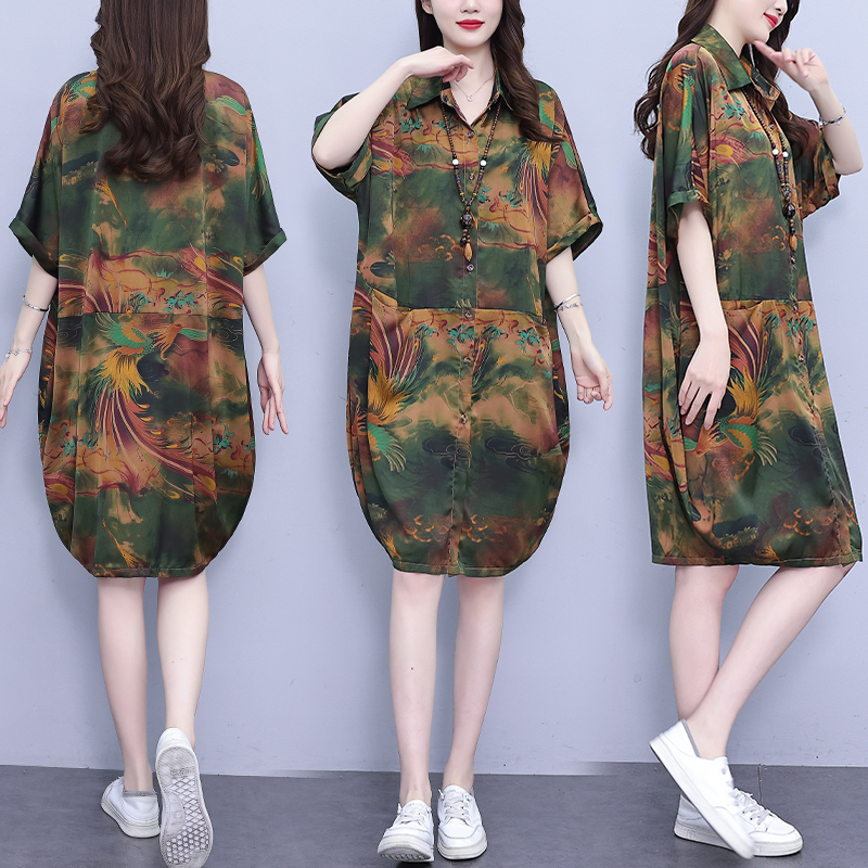 MY17188# 休闲宽松型大码女装连衣裙印花衬衣中长款女裝貨源服裝批發