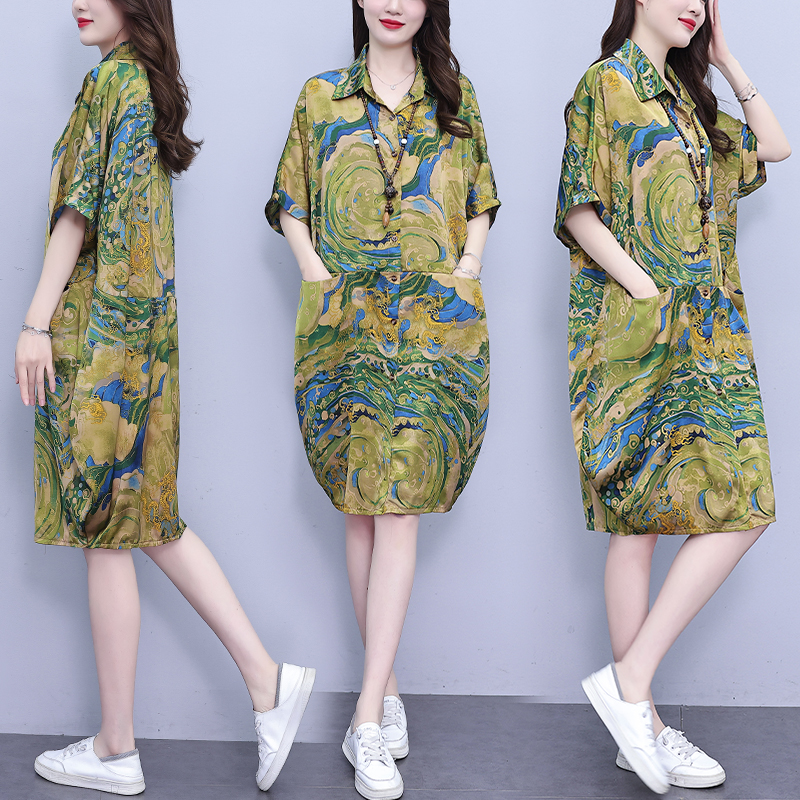 MY17186# 休闲宽松型大码女装连衣裙印花衬衣中长款女裝貨源服裝批發