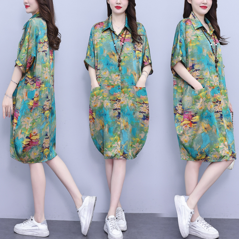MY17187# 休闲宽松型大码女装连衣裙印花衬衣中长款女裝貨源服裝批發