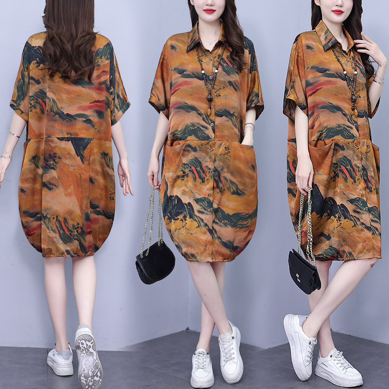 MY17185# 休闲宽松型大码女装连衣裙印花衬衣中长款女裝貨源服裝批發