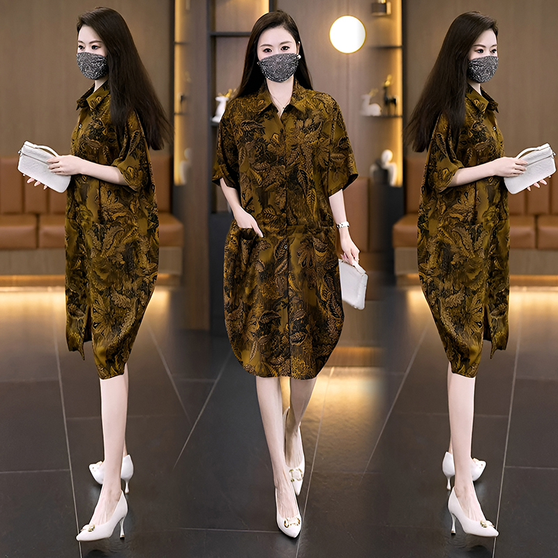 MY17184# 休闲宽松型大码女装连衣裙印花衬衣中长款连衣裙女裝貨源服裝...