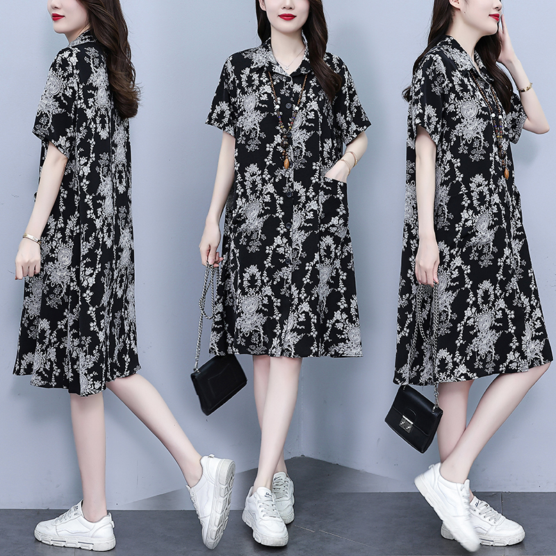 MY17182# 休闲宽松型大码女装连衣裙印花衬衣中长款连衣裙女裝貨源服裝批發