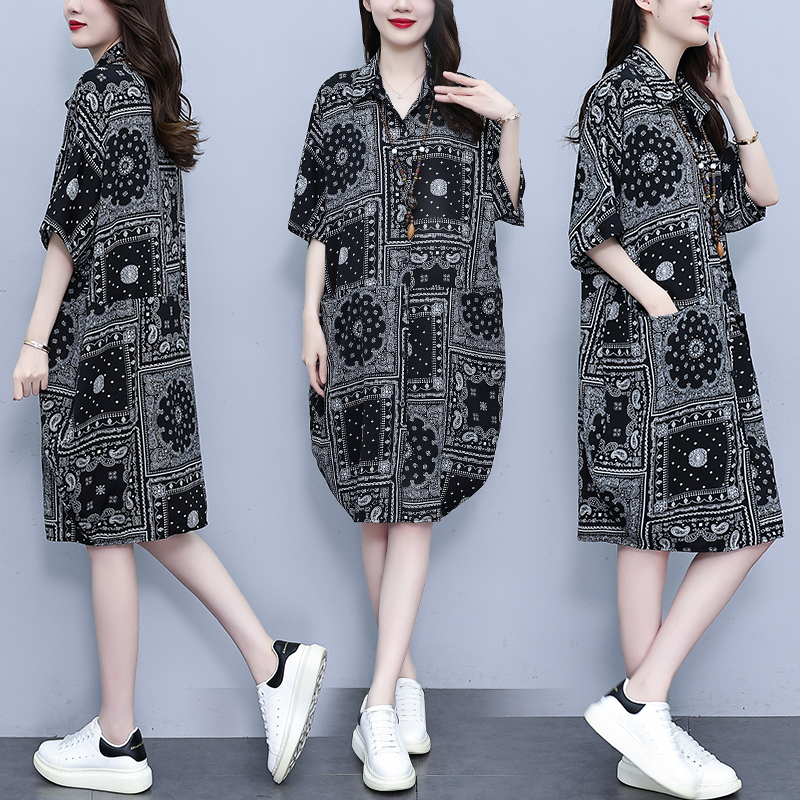 MY17181# 休闲宽松型大码女装连衣裙印花衬衣中长款连衣裙女裝貨源服裝批發
