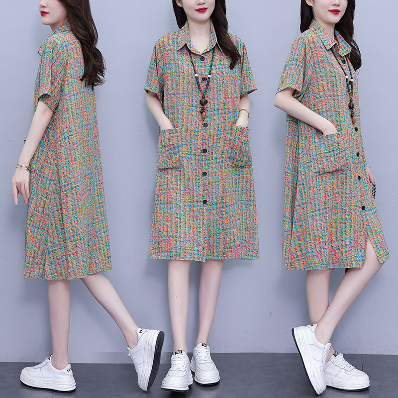 MY17180# 夏季休闲宽松型大码女装连衣裙印花衬衣中长款连衣裙女裝貨源...