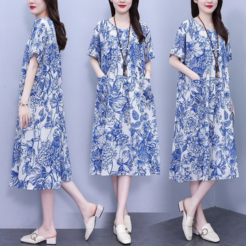 MY17179# 休闲宽松型大码女装连衣裙印花衬衣中长款连衣裙女裝貨源服裝...