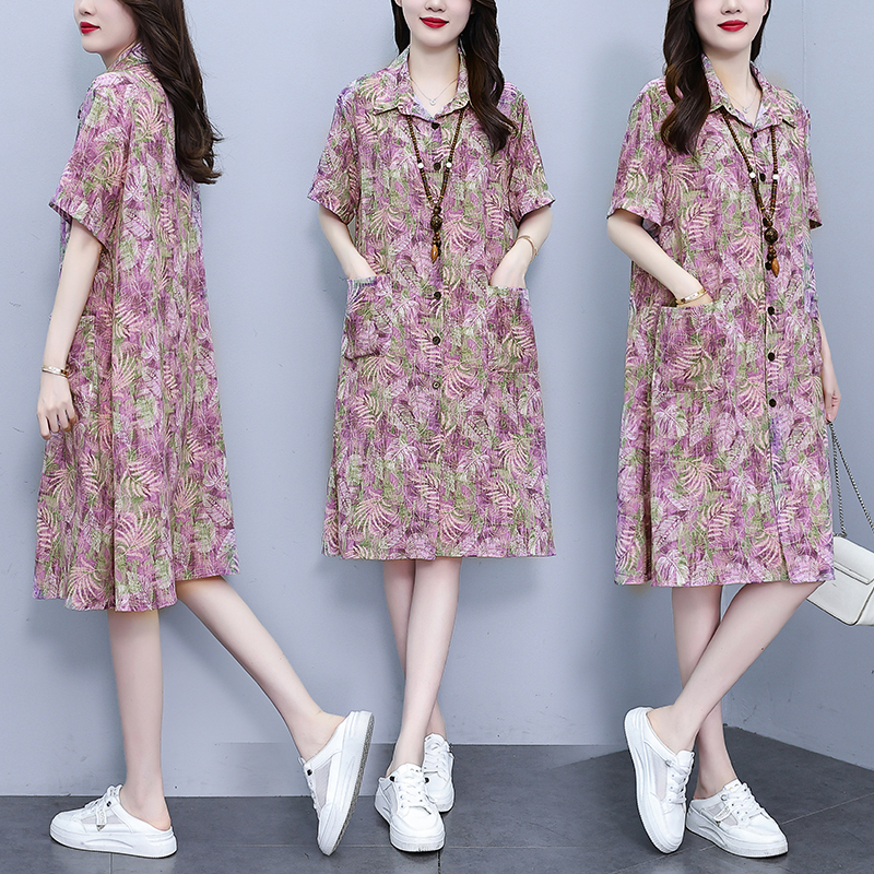 MY17177# 休闲宽松型大码女装连衣裙印花衬衣中长款连衣裙女裝貨源服裝...